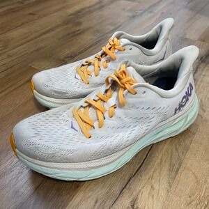 Hoka One One Clifton 8 Womens Running Shoes White Blue Orange Size 9.5B